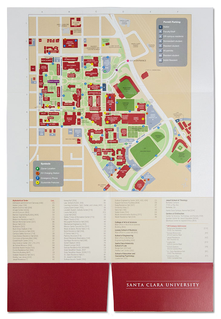 SCU Conference Guide fully unfolded to reveal a campus map.