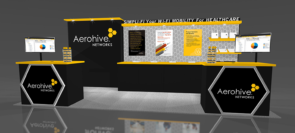Aerohive booth rendering showing the placement of the 24x36 signs.